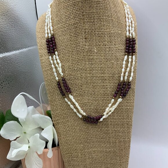 Freshwater Seed Rice Pearl Garnet Beads Multi Strands Vintage Necklace - Picture 3 of 8